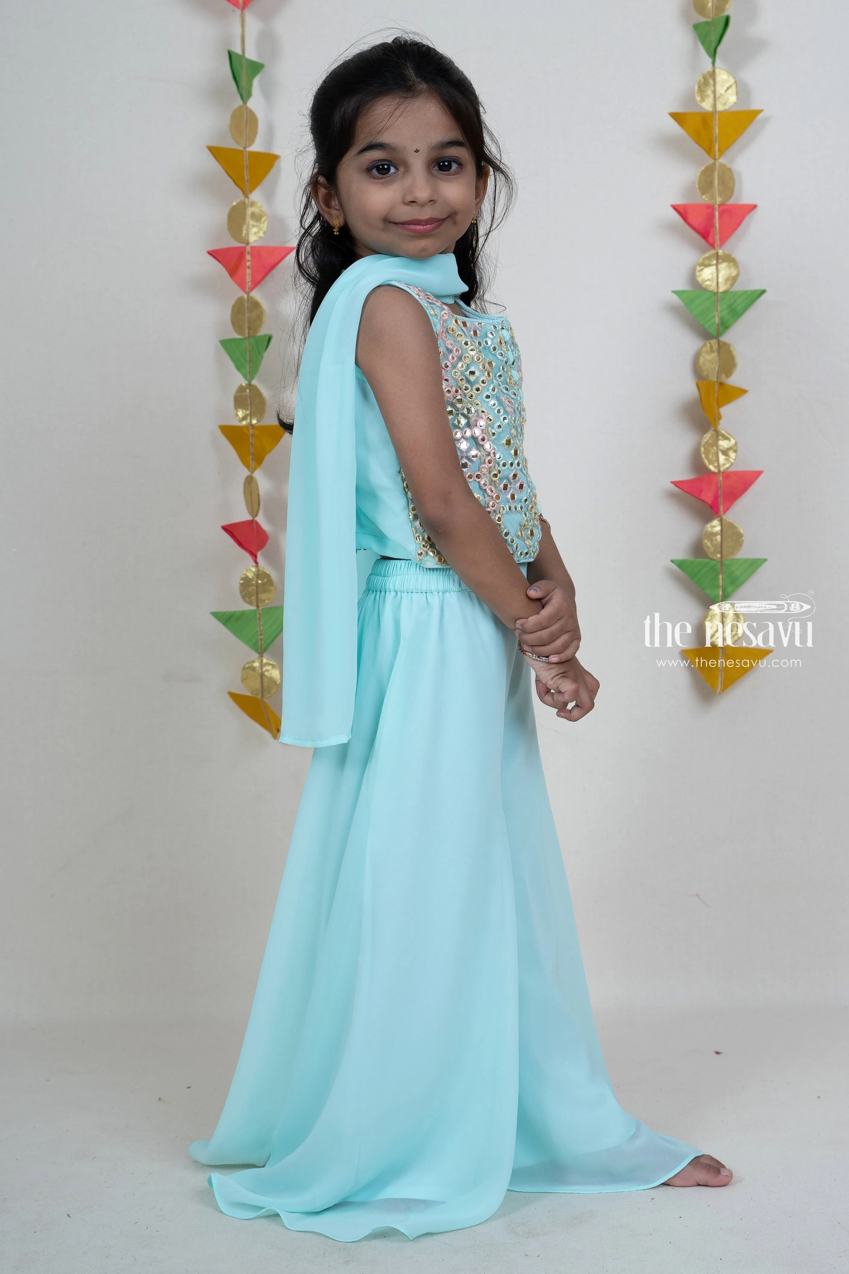 Designer Sky Blue Palazzo Suit For Girls Kids With Dupatta