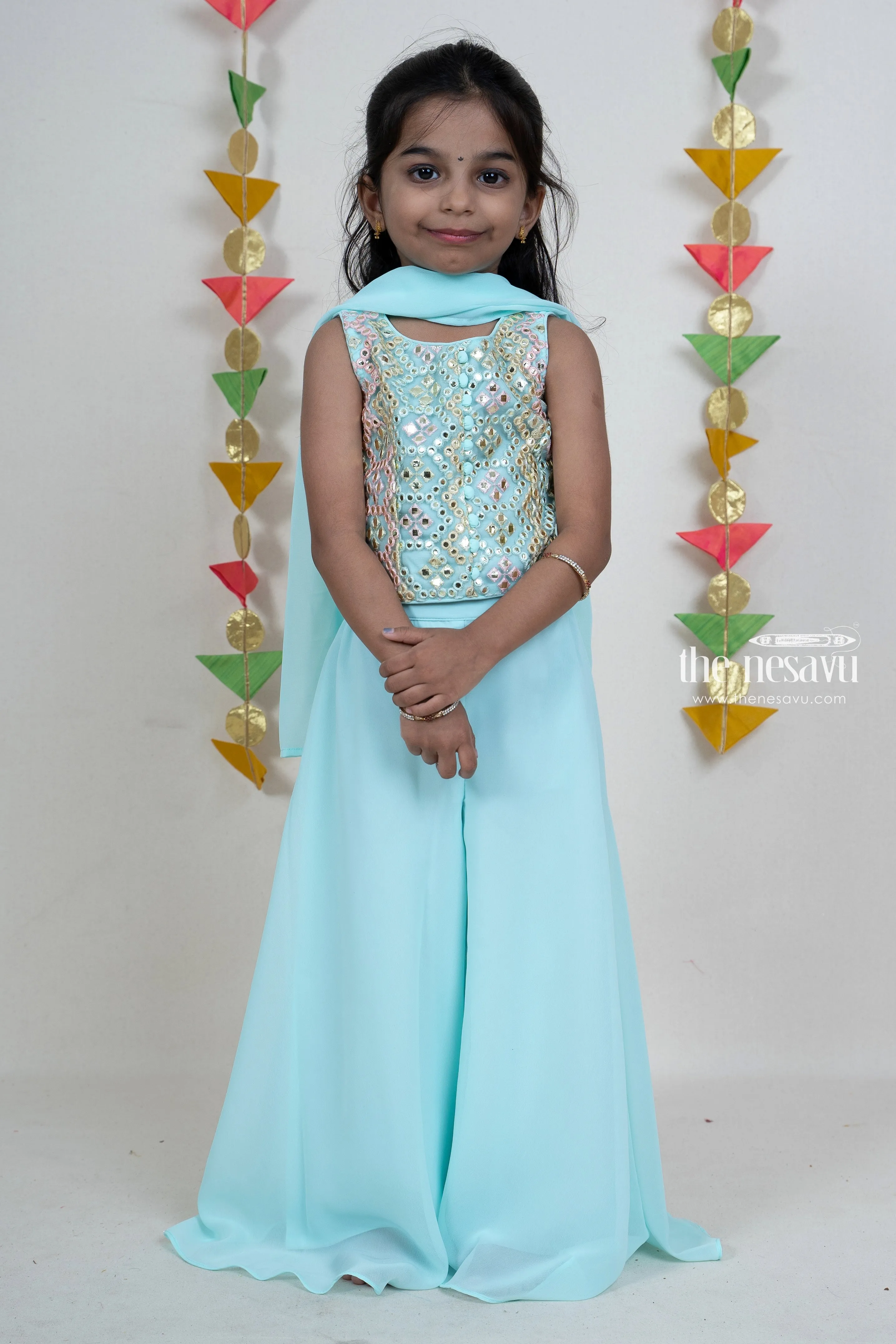 Designer Sky Blue Palazzo Suit For Girls Kids With Dupatta