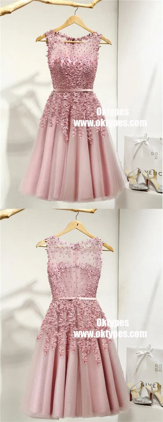 Dusty Pink Lace Beaded See Through Homecoming Prom Dresses, TYP0904