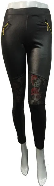 faux black leather leggings with flower design Case of 12