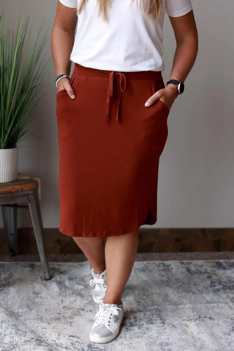 Fired Brick Drawstring Midi Skirt