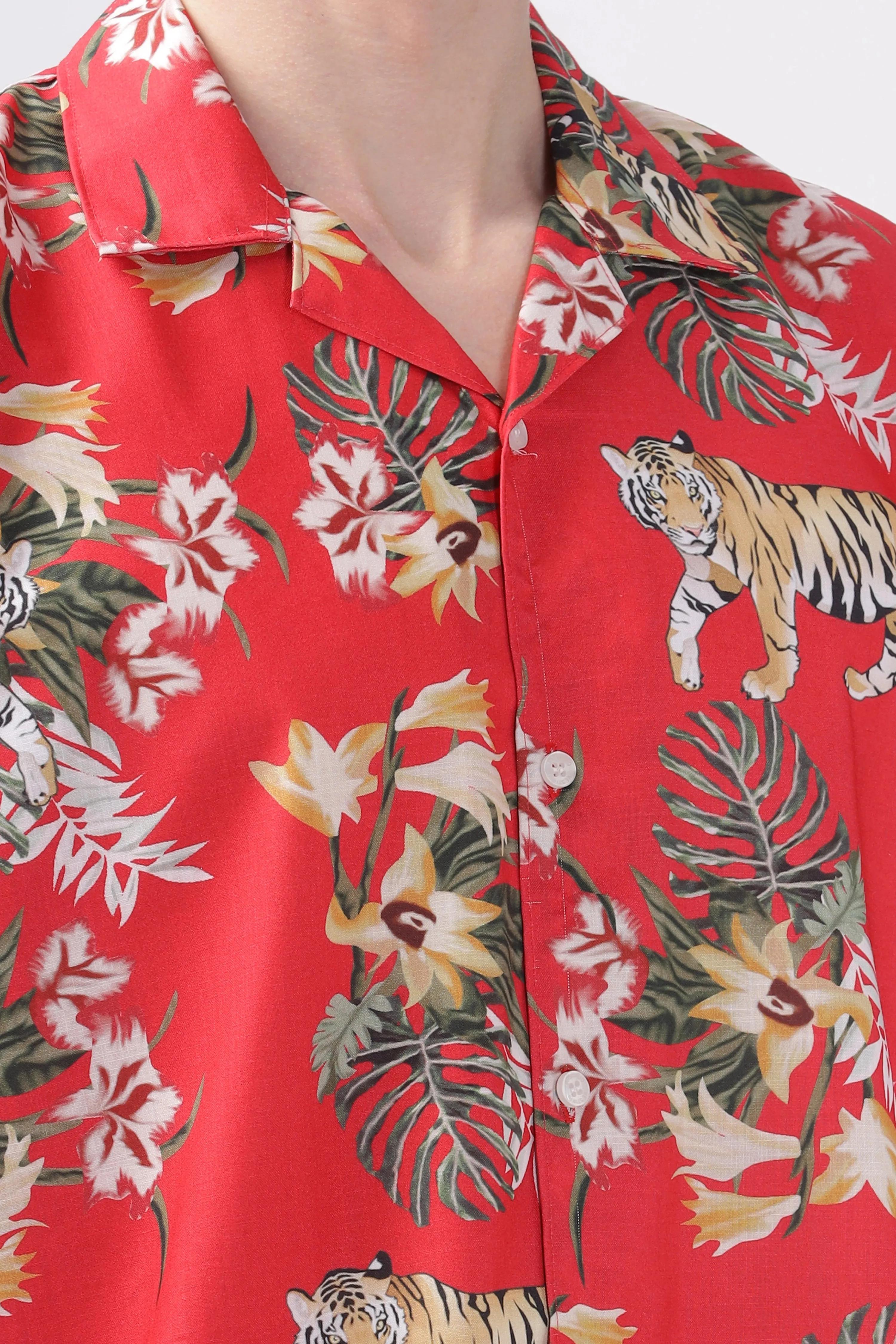 Flower print red half sleeve shirt for men