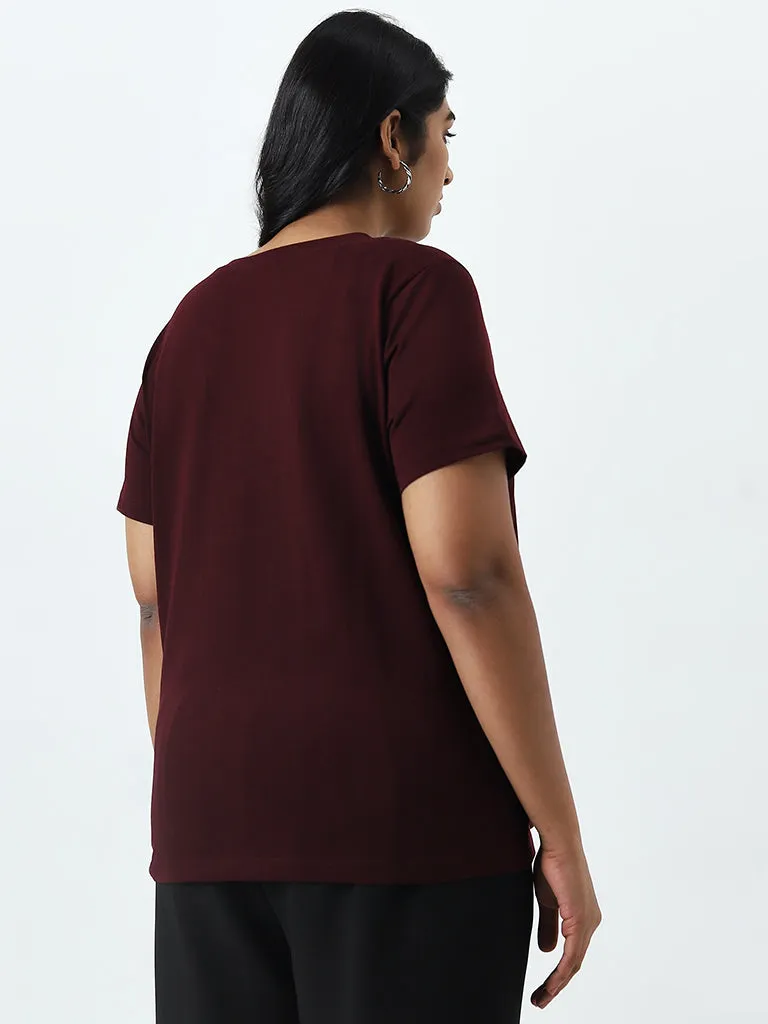 Gia Maroon Printed Cotton T-Shirt