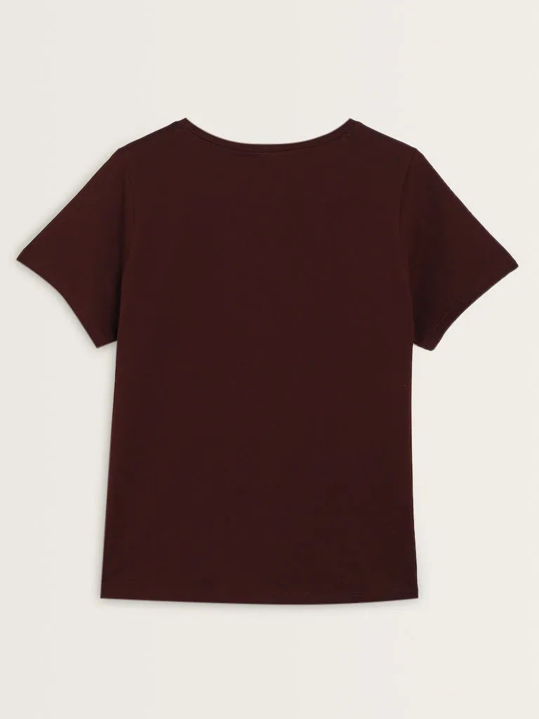 Gia Maroon Printed Cotton T-Shirt