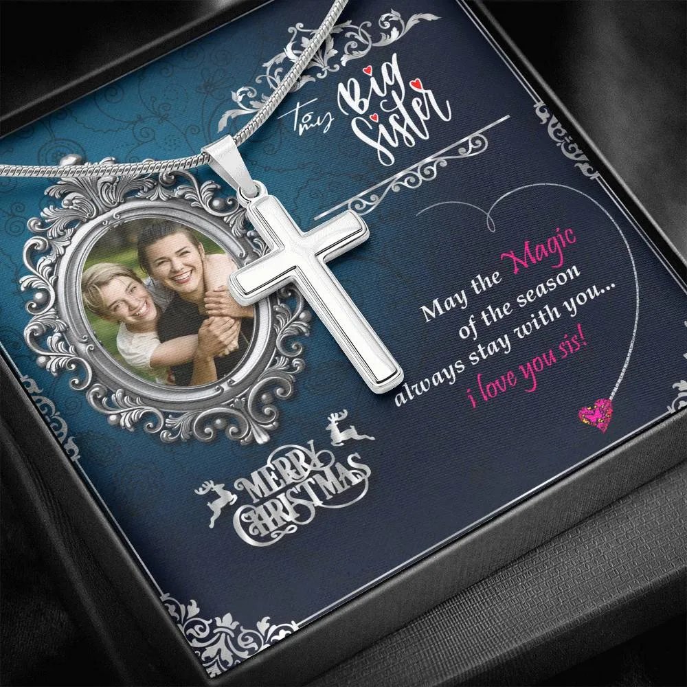 Gift For Big Sister 14k White Gold Cross Necklace With Custom Photo Marry Christmas Message Card