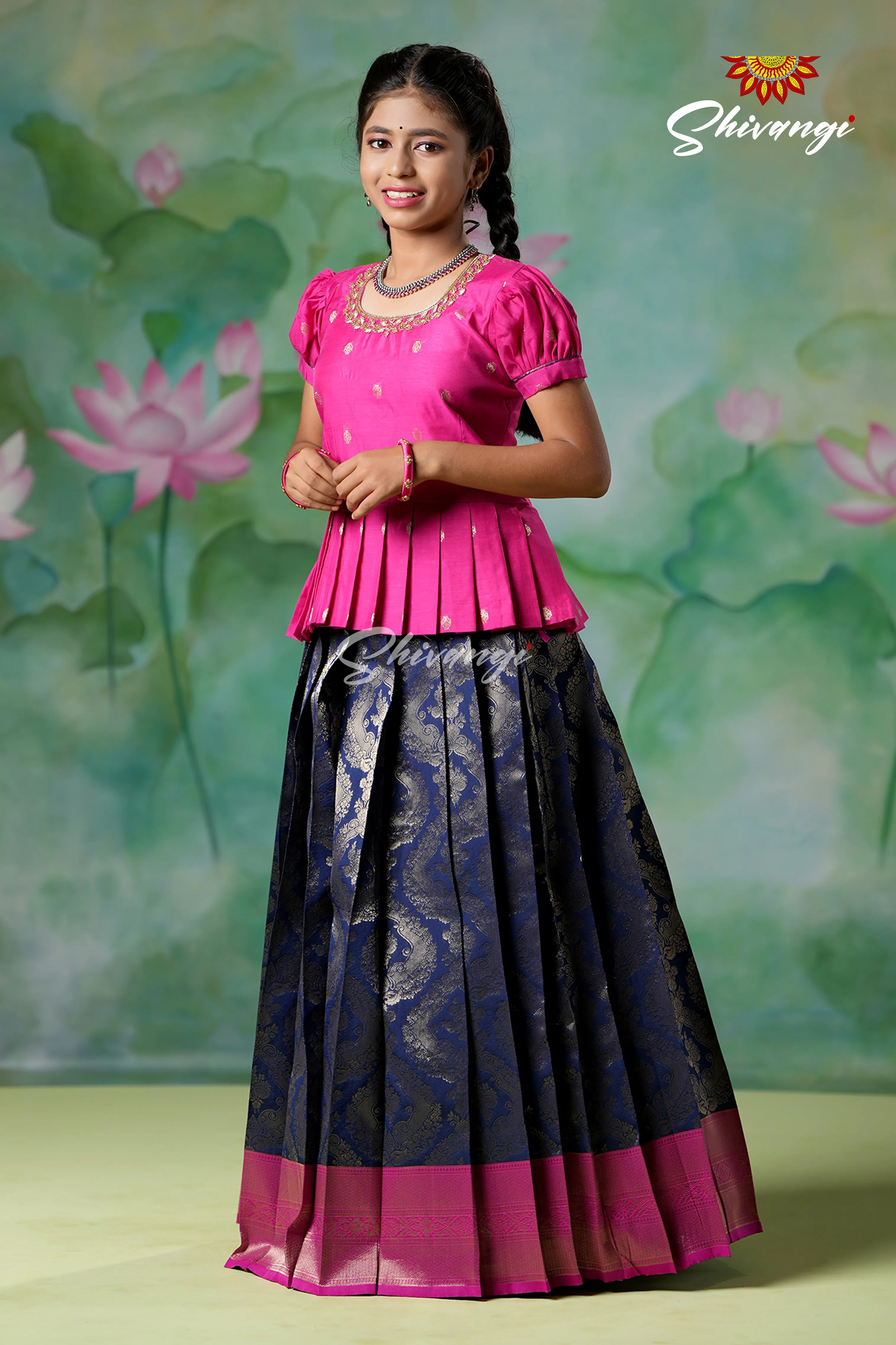 Girls Navy Blue Golden Cocoon EMB Pavadai Sattai Designs