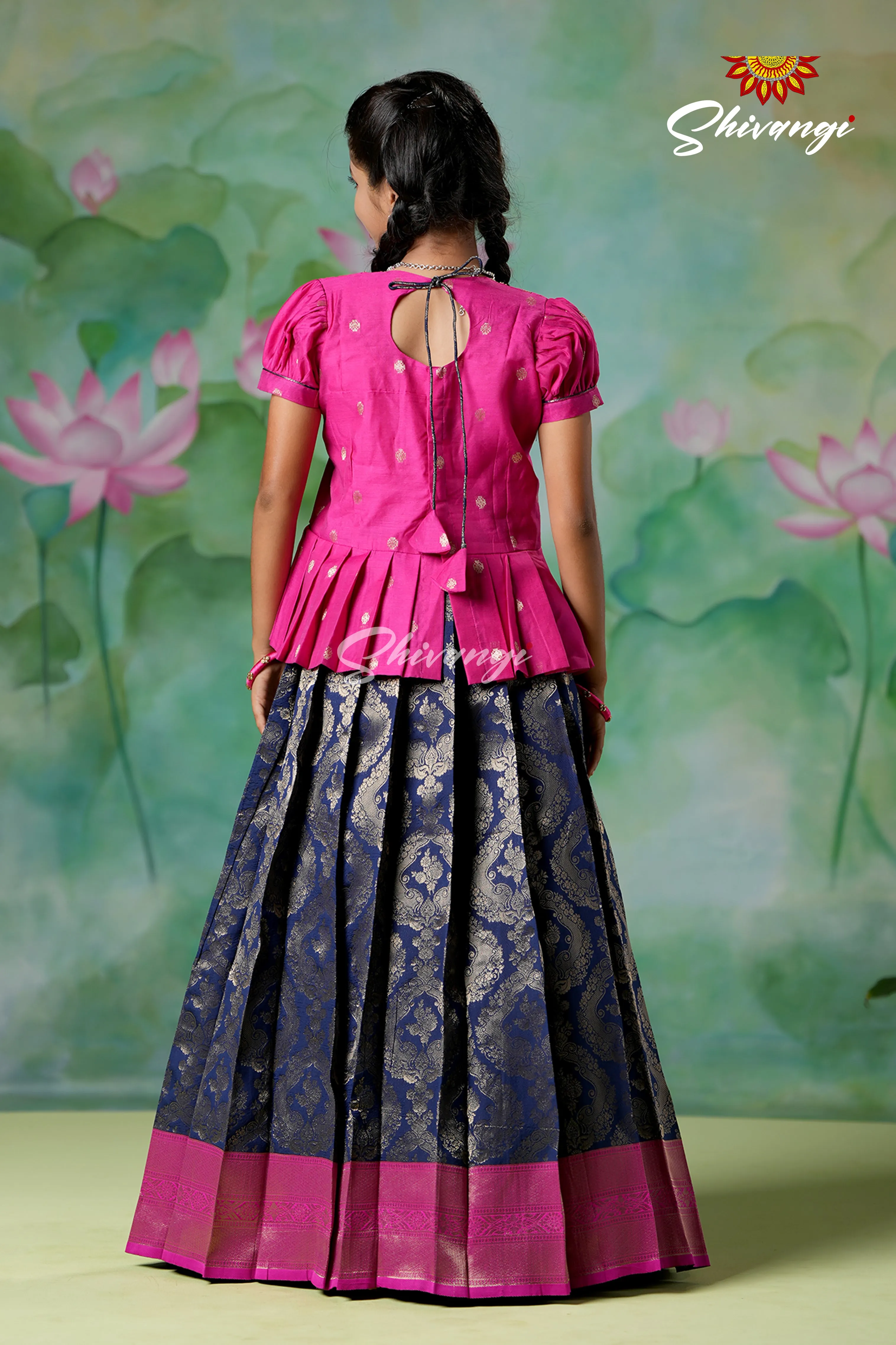 Girls Navy Blue Golden Cocoon EMB Pavadai Sattai Designs