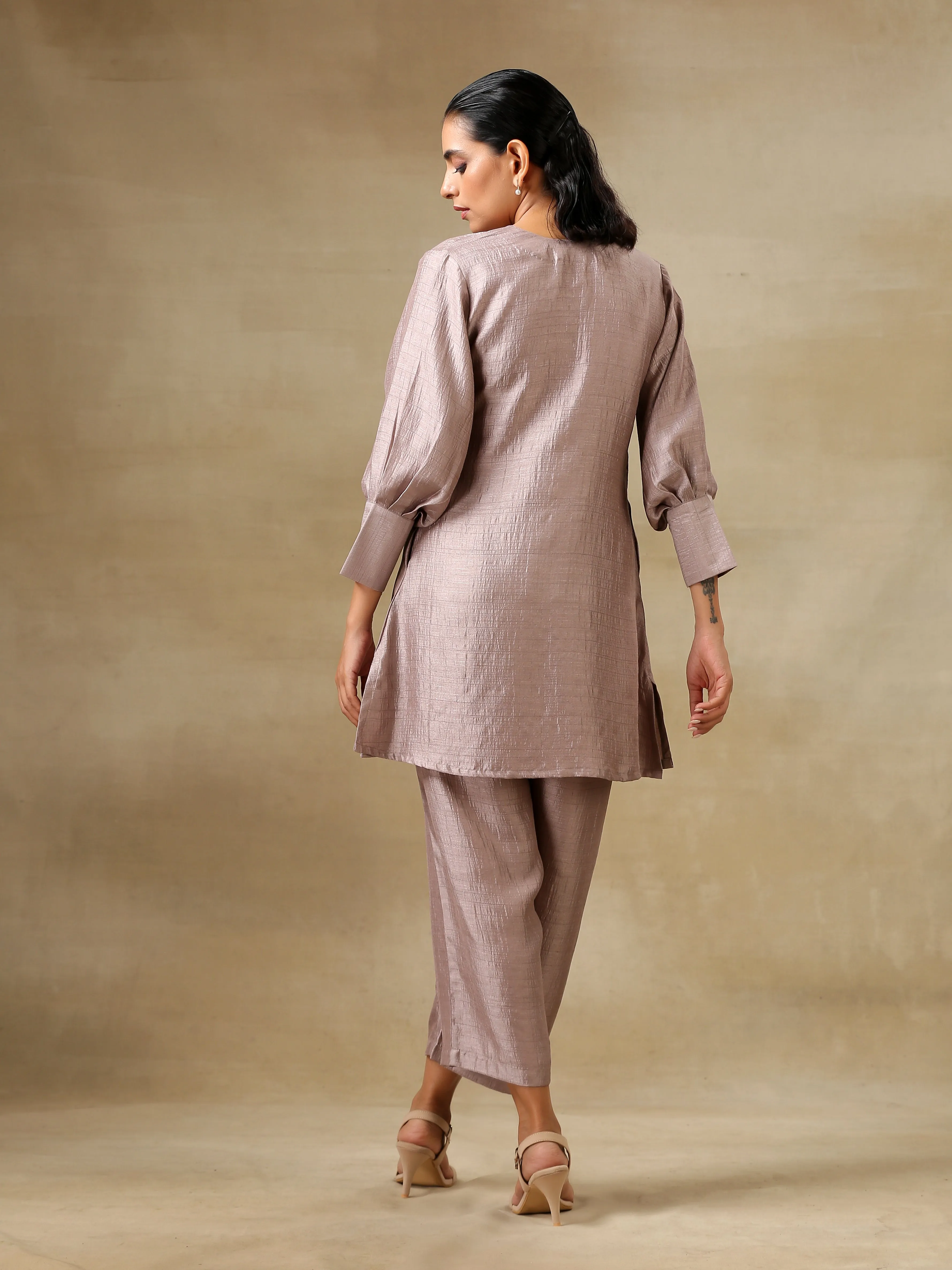 Grey Textured Silk Neck Pleat Co-Ord Set