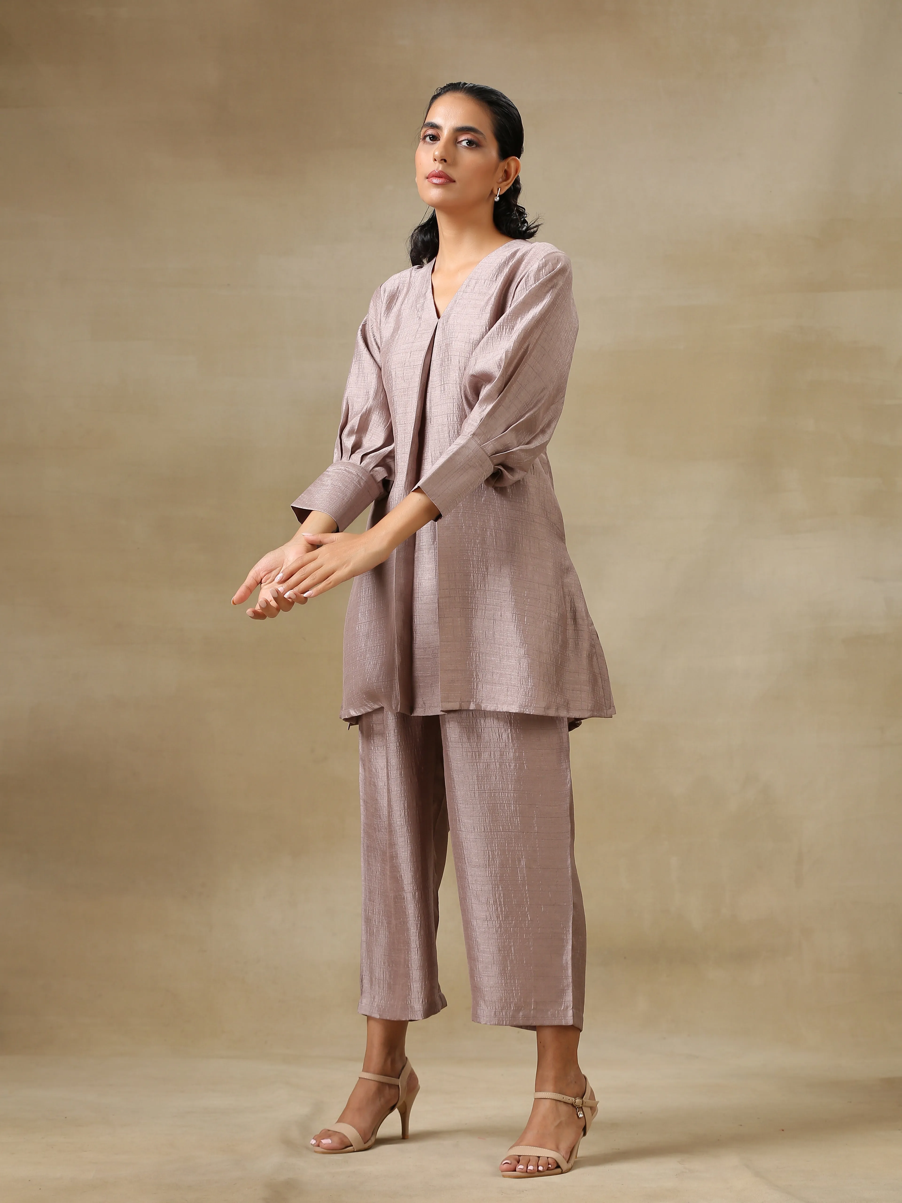 Grey Textured Silk Neck Pleat Co-Ord Set