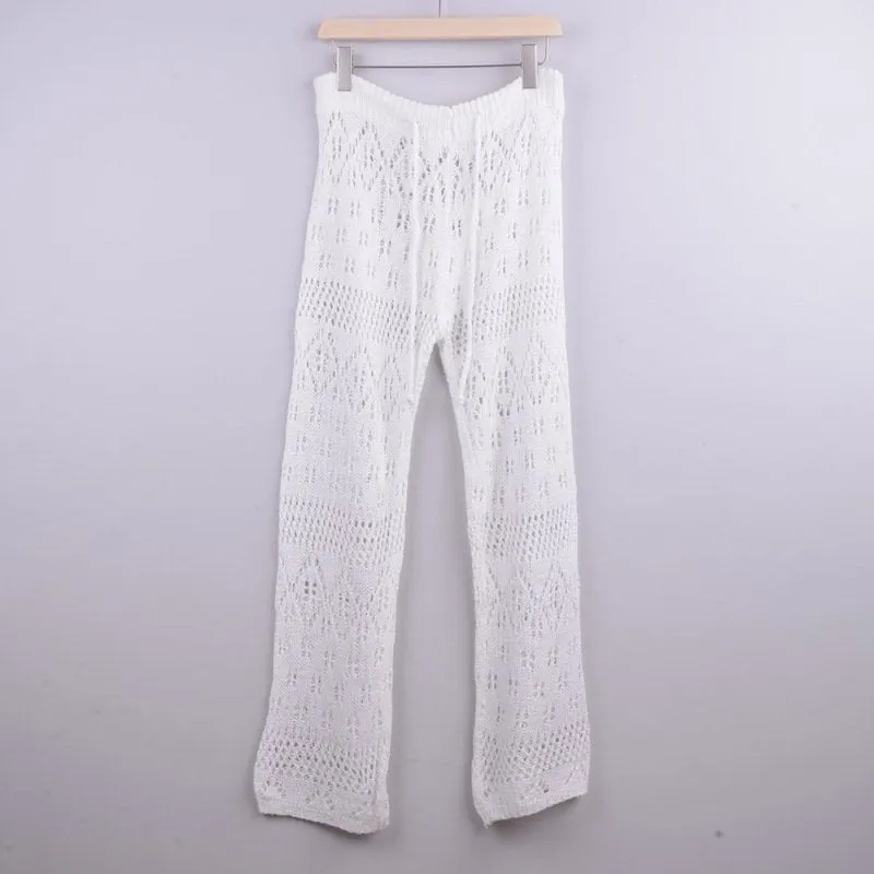 Hand Crochet Hollow Out Cutout out Strap Beach Pants Women Casual Trousers