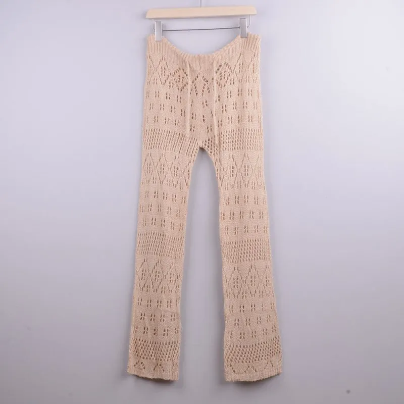 Hand Crochet Hollow Out Cutout out Strap Beach Pants Women Casual Trousers