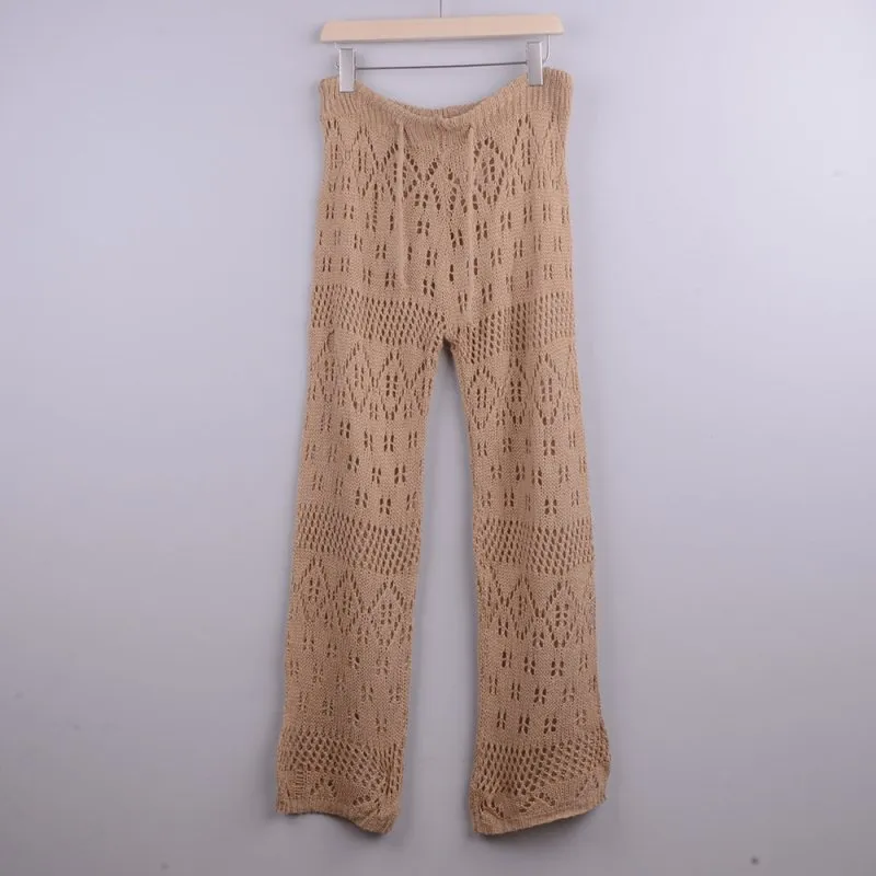 Hand Crochet Hollow Out Cutout out Strap Beach Pants Women Casual Trousers