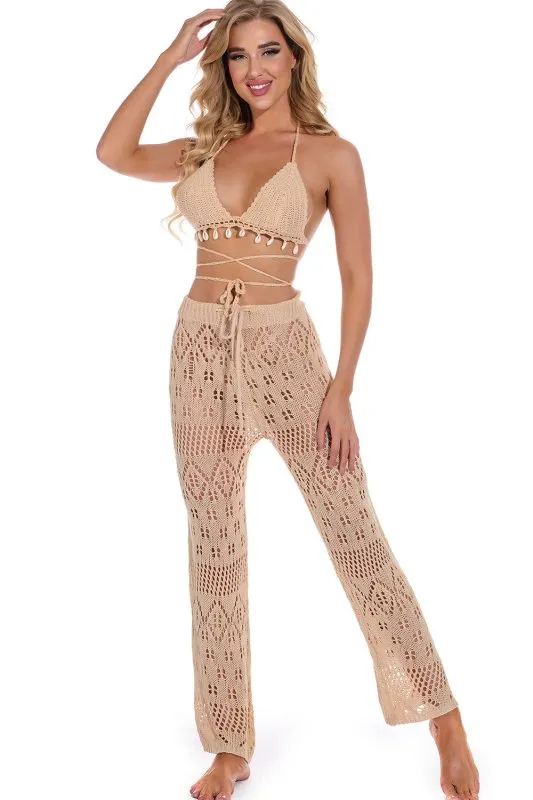 Hand Crochet Hollow Out Cutout out Strap Beach Pants Women Casual Trousers