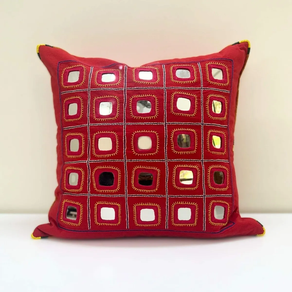 Hand Embroidered Mirror & Thread-Work cushion cover - Lambani cushion cover in Scarlet