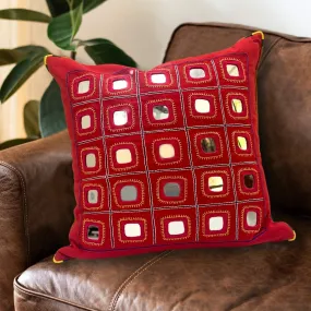 Hand Embroidered Mirror & Thread-Work cushion cover - Lambani cushion cover in Scarlet