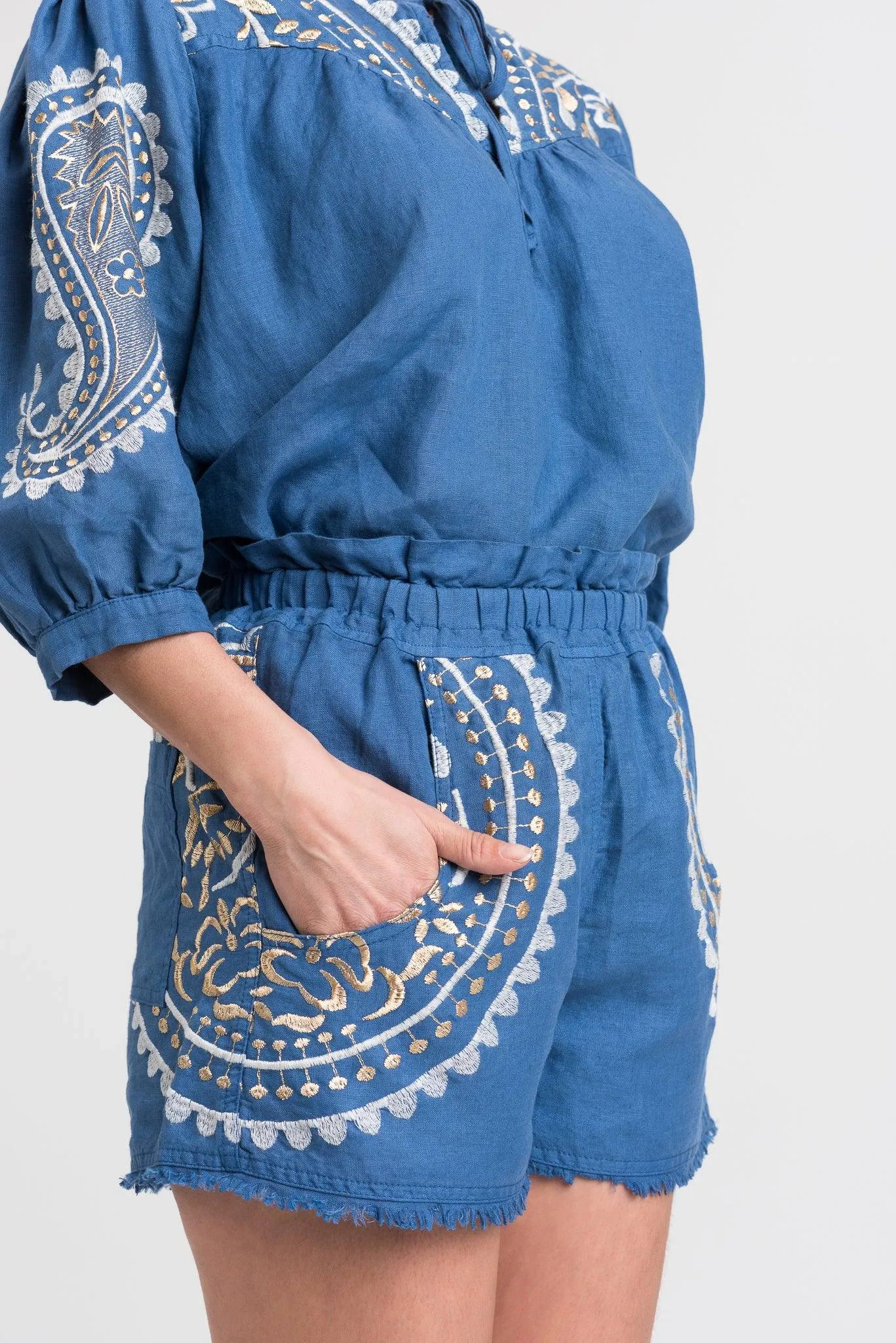 Kori Embroidered Linen Shorts | Indigo & Gold