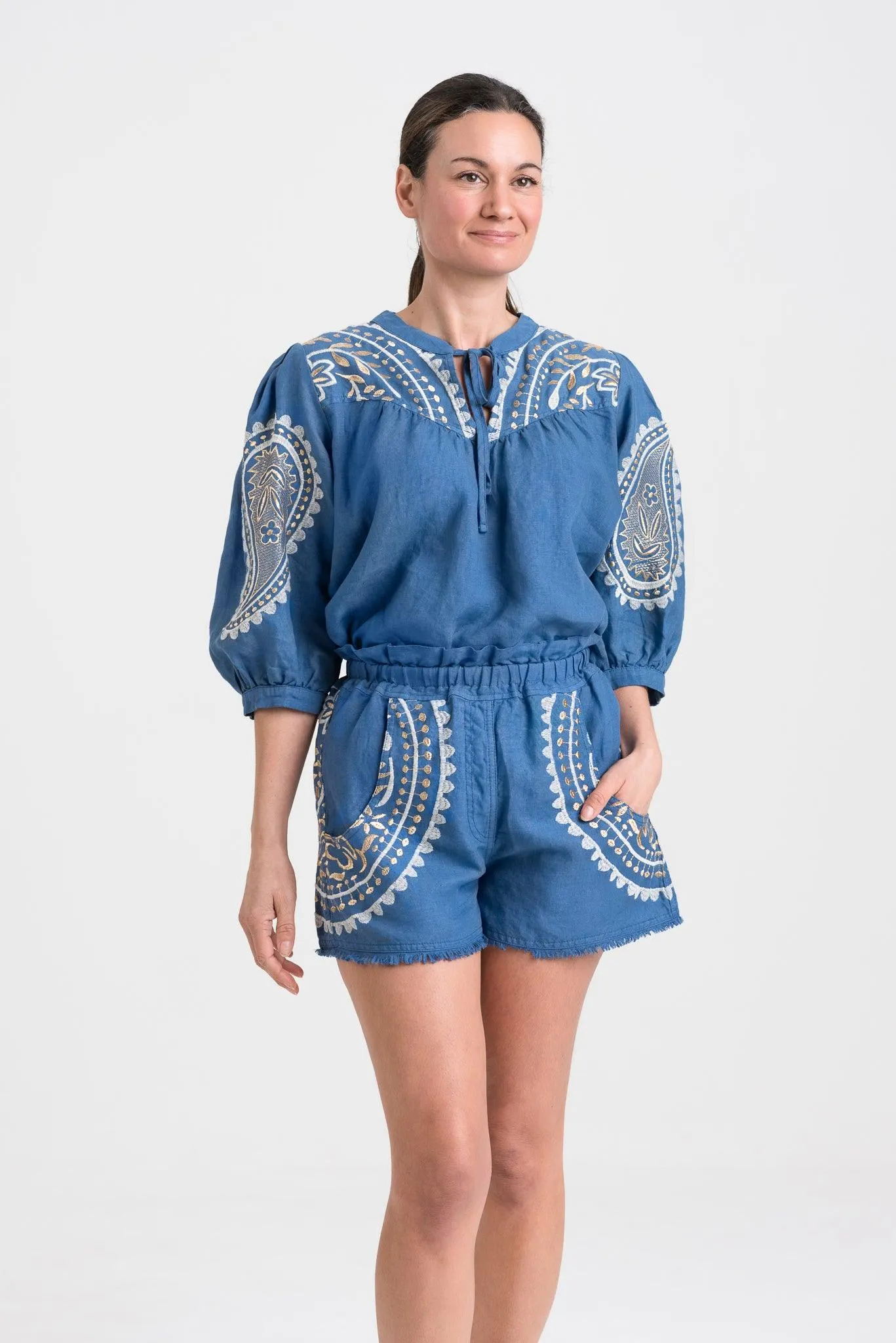 Kori Embroidered Linen Shorts | Indigo & Gold