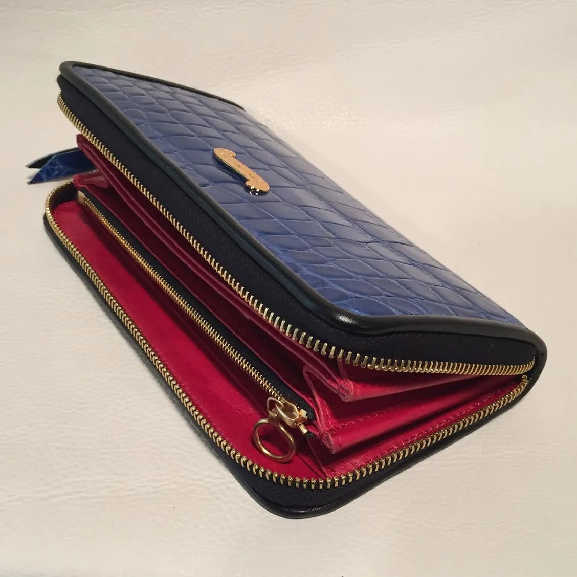 Large Zipper Wallet in Cobalt Blue Crocodile Leather