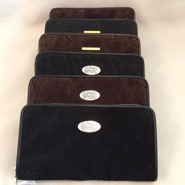 Large Zipper Wallet in Dark Black Elephant Suede Leather