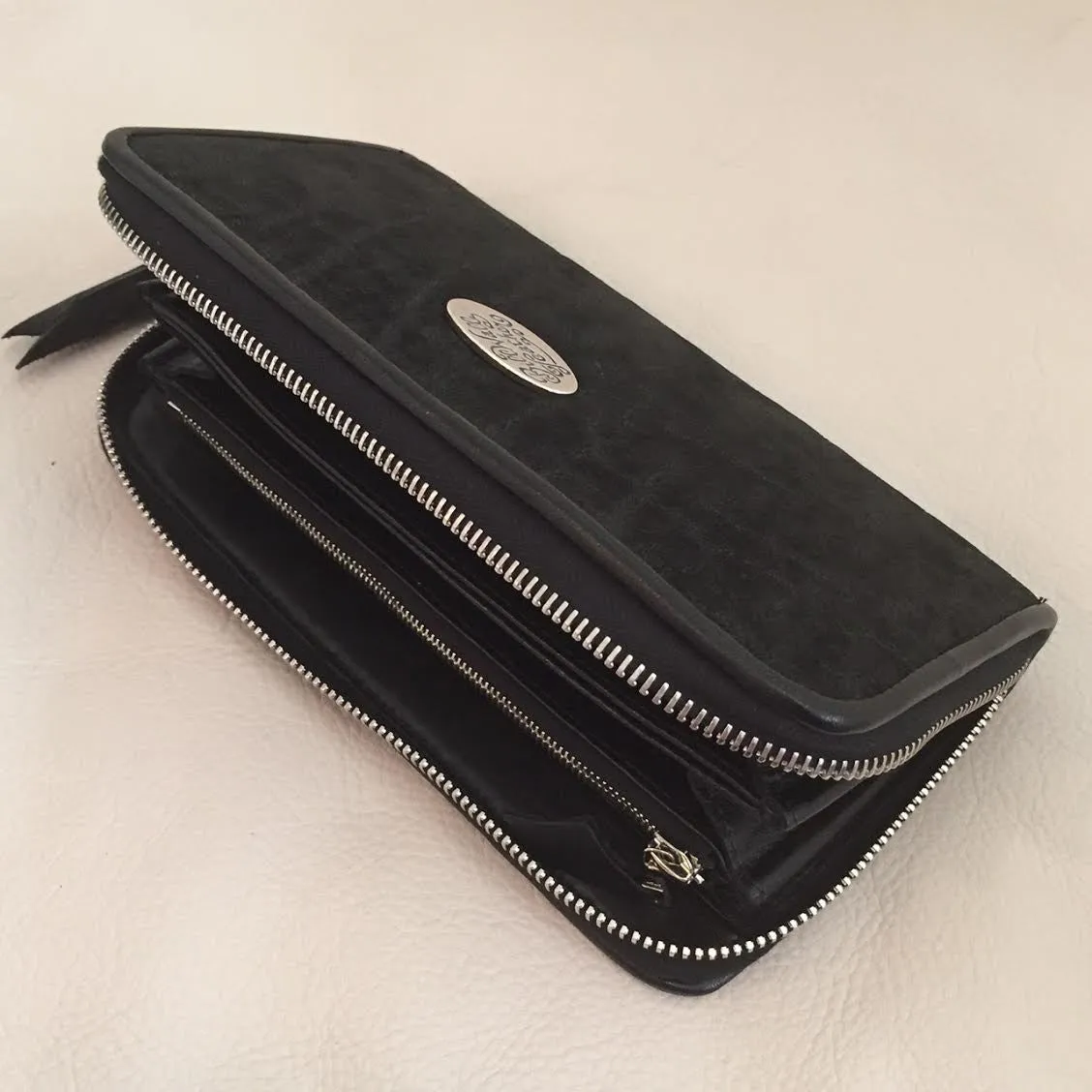 Large Zipper Wallet in Dark Black Elephant Suede Leather