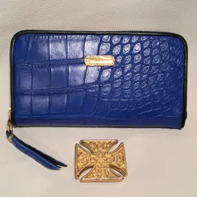 Large Zipper Wallet in Matte Blue Crocodile Leather