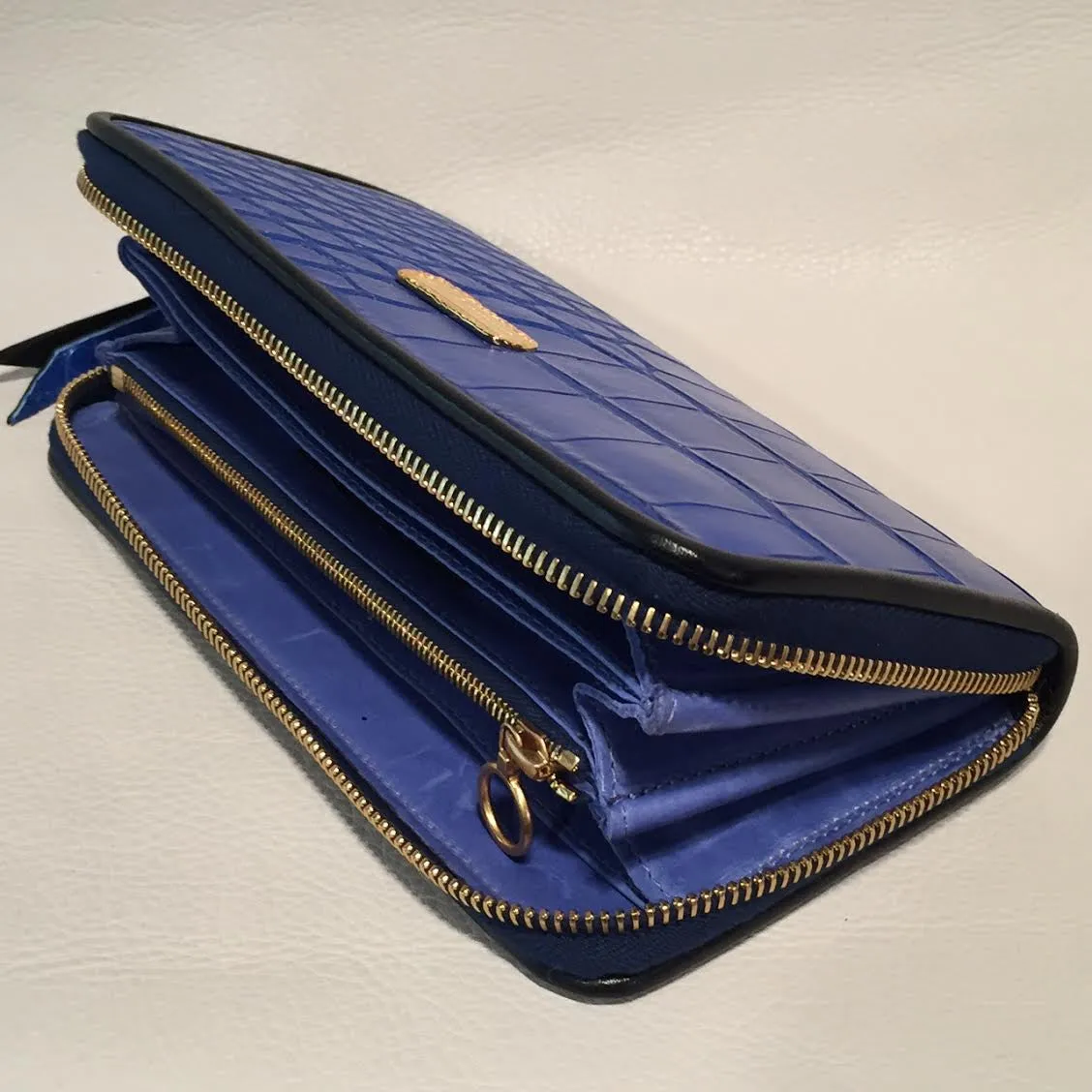 Large Zipper Wallet in Matte Blue Crocodile Leather