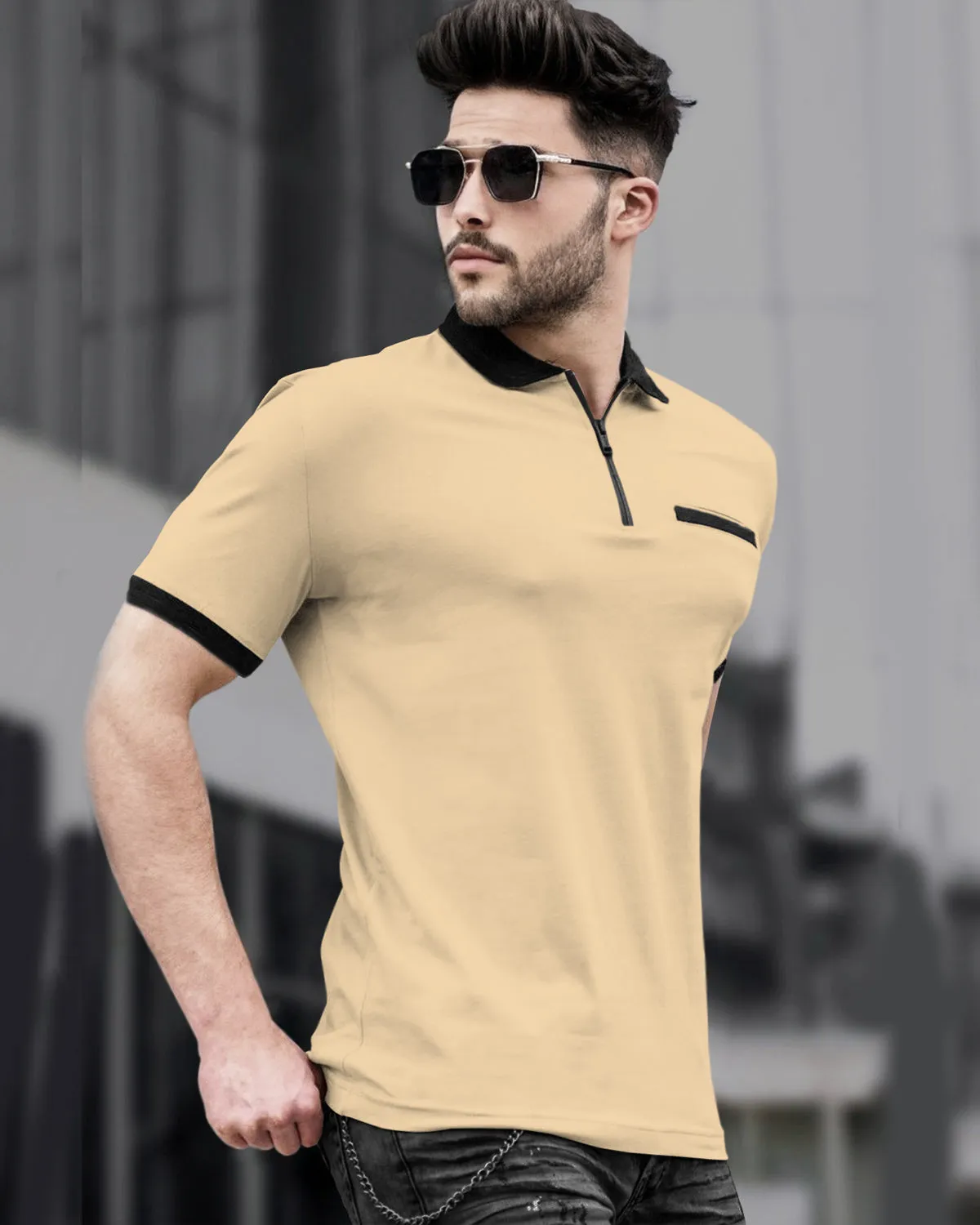 Men Beige Polo Black Contrast Zip Neck T-shirt