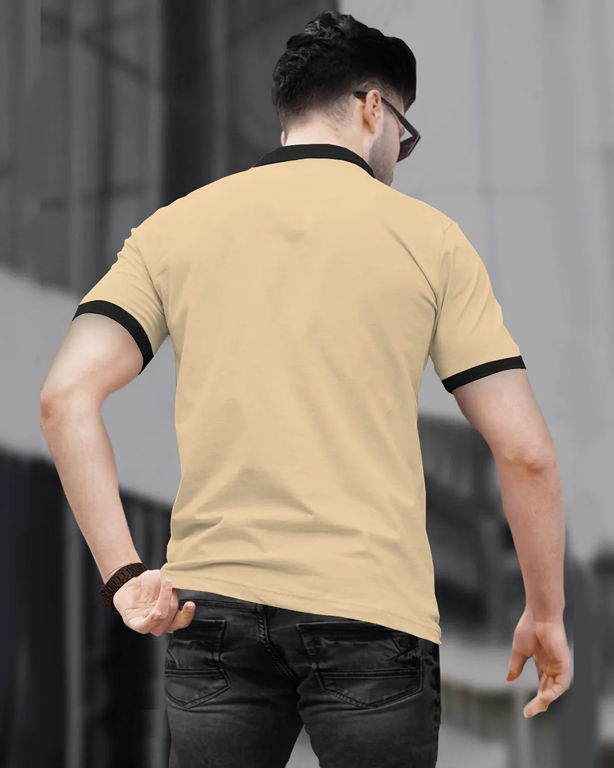 Men Beige Polo Black Contrast Zip Neck T-shirt