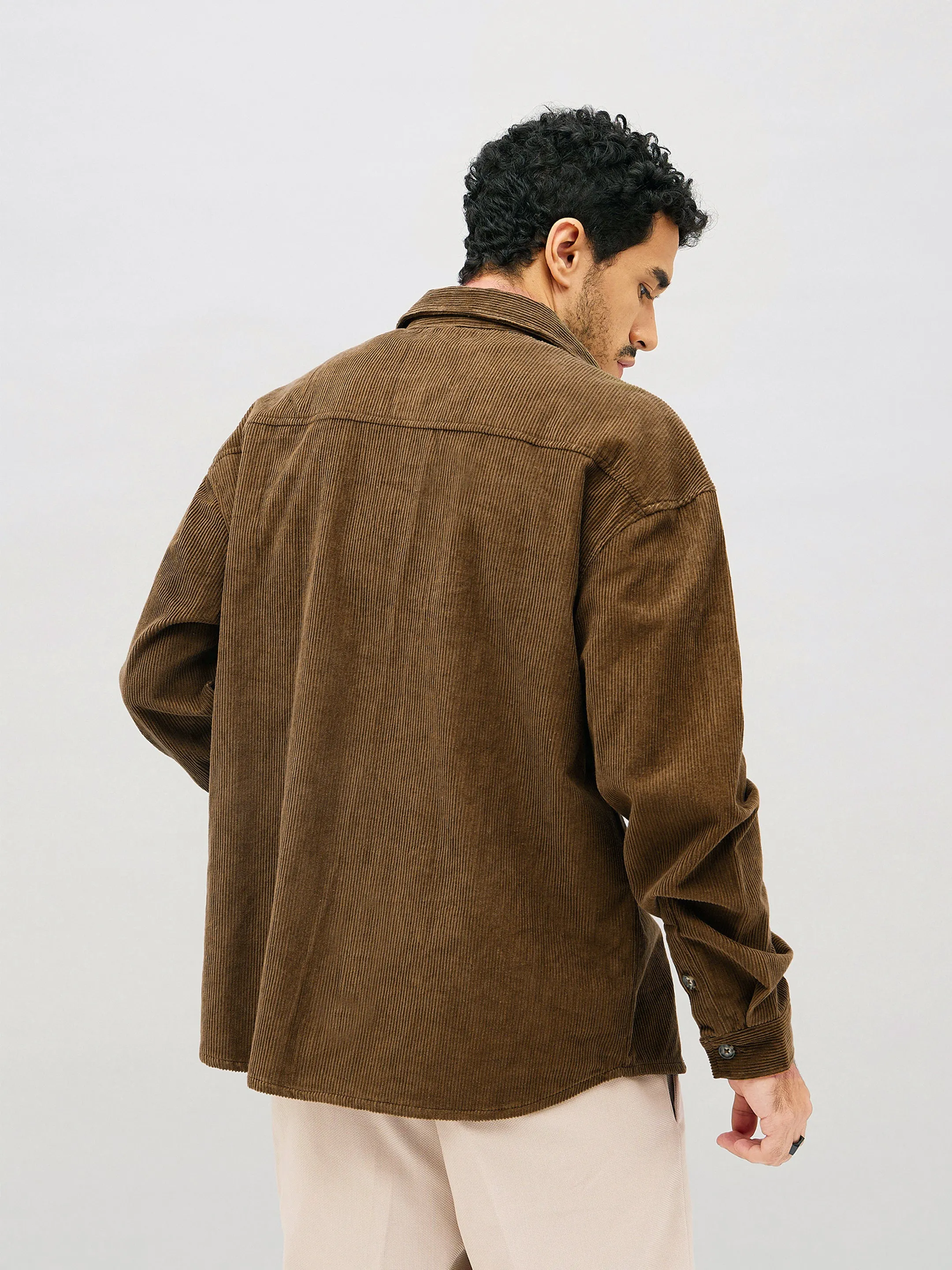 Men Brown Corduroy Oversized Shacket