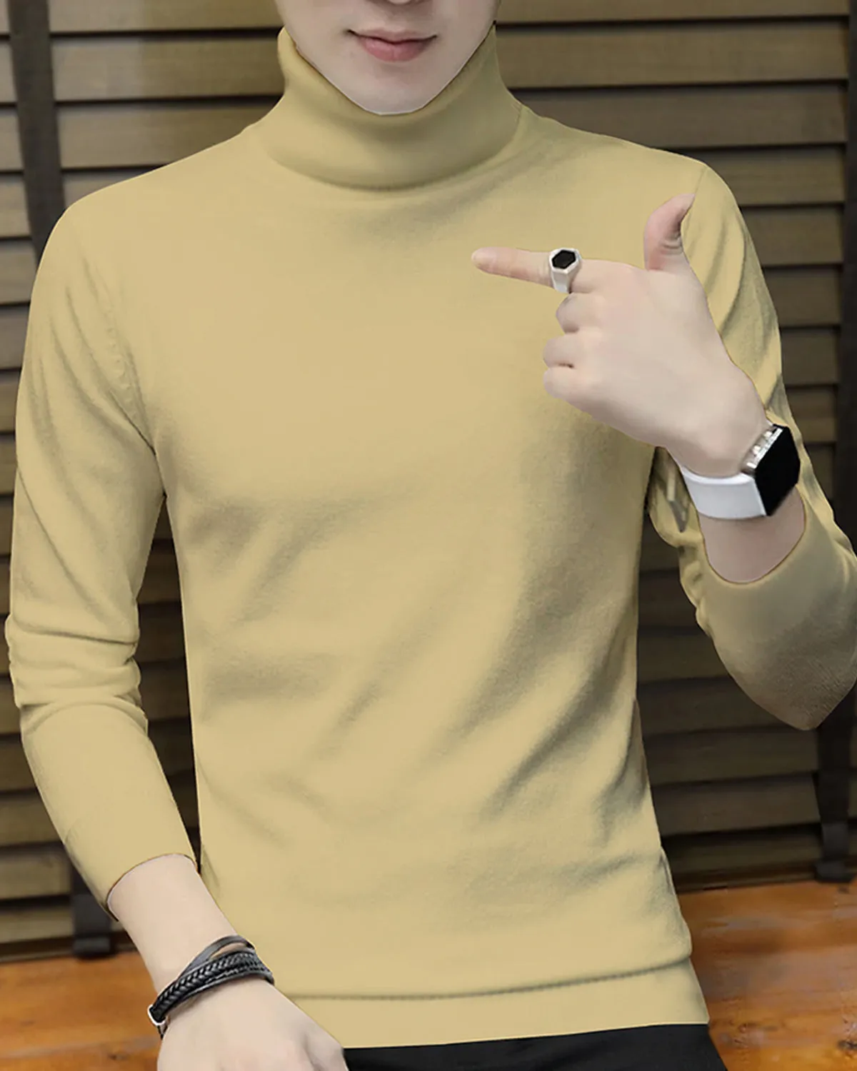 Men High Neck Beige Full Sleeve Plain T-shirt