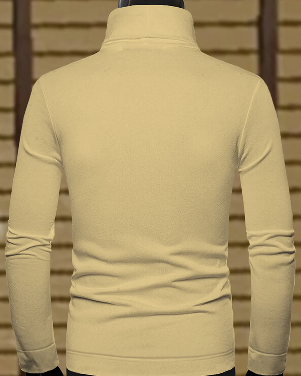 Men High Neck Beige Full Sleeve Plain T-shirt