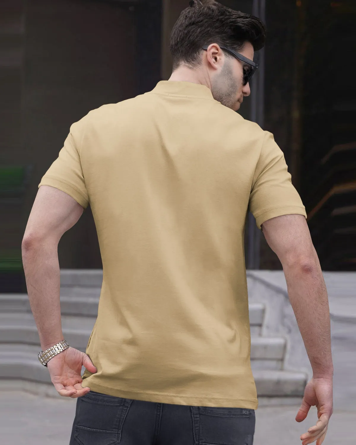 Men Plain Beige Zip Neck Half Sleeve T-shirt