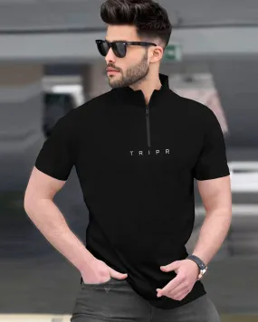 Men Plain Black Zipper Neck Half Sleeve T-shirt