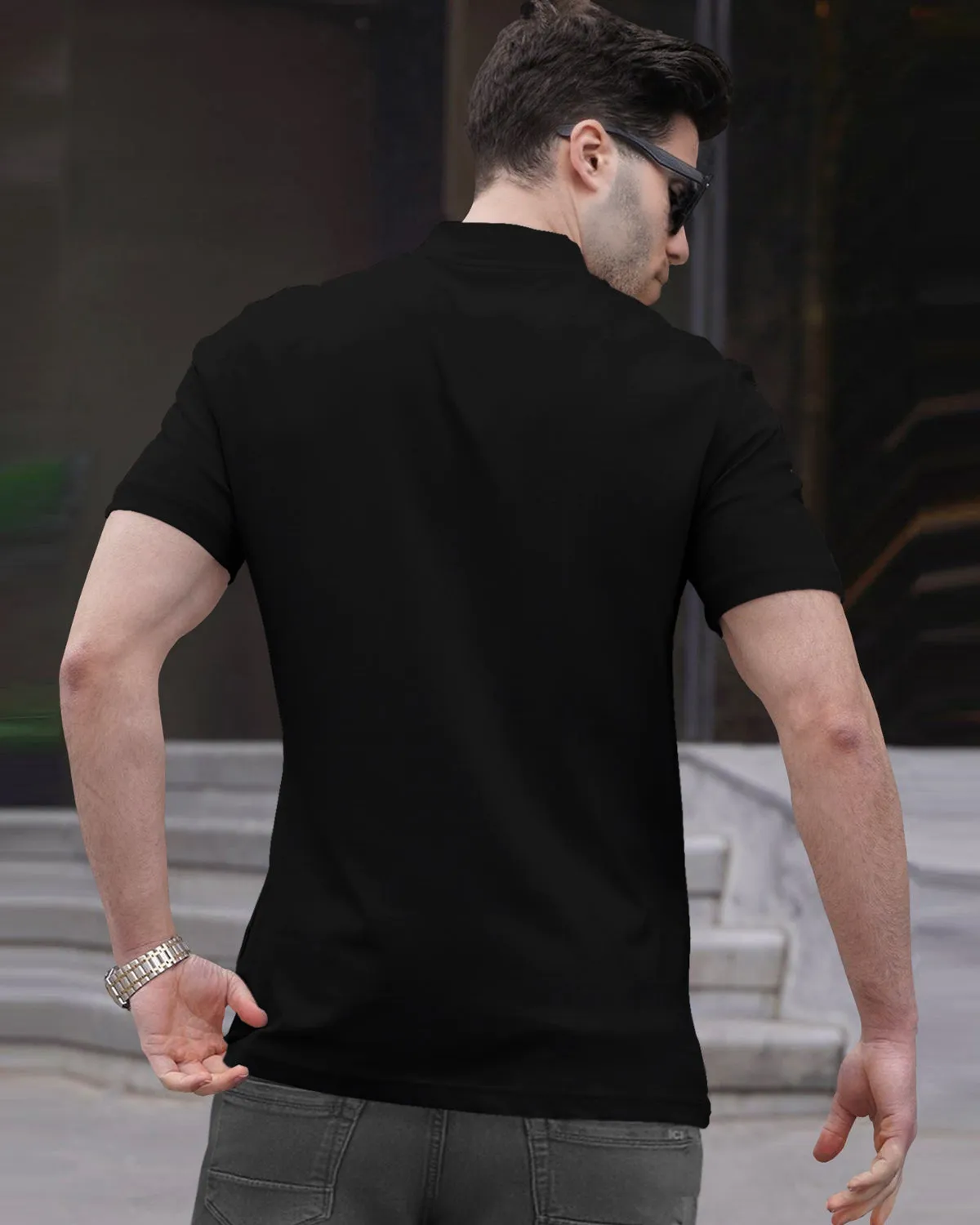 Men Plain Black Zipper Neck Half Sleeve T-shirt