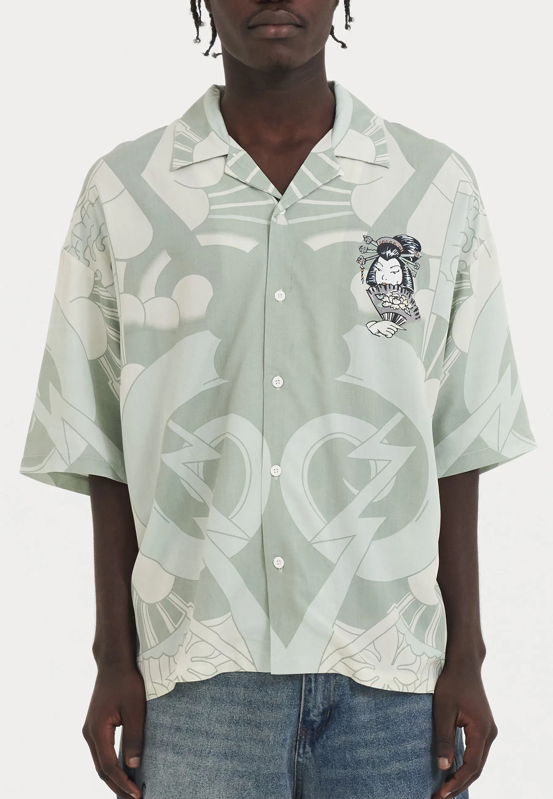 Mens Geisha Fan Camp Short Sleeve Shirt - Light Green/White