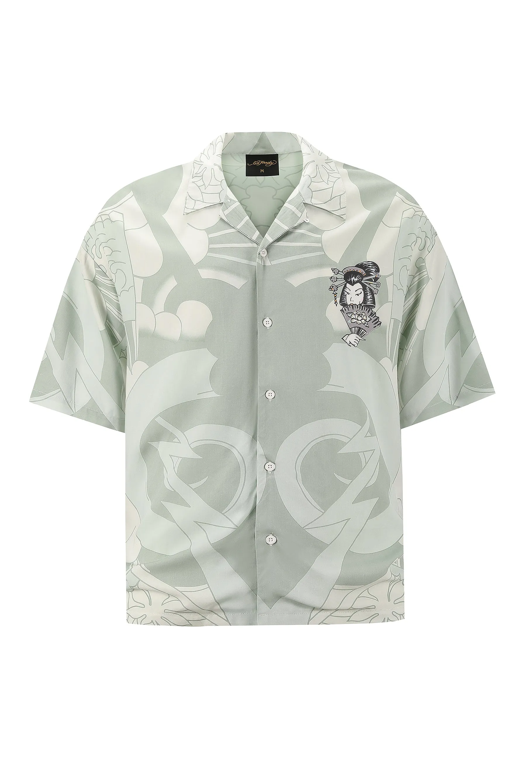 Mens Geisha Fan Camp Short Sleeve Shirt - Light Green/White