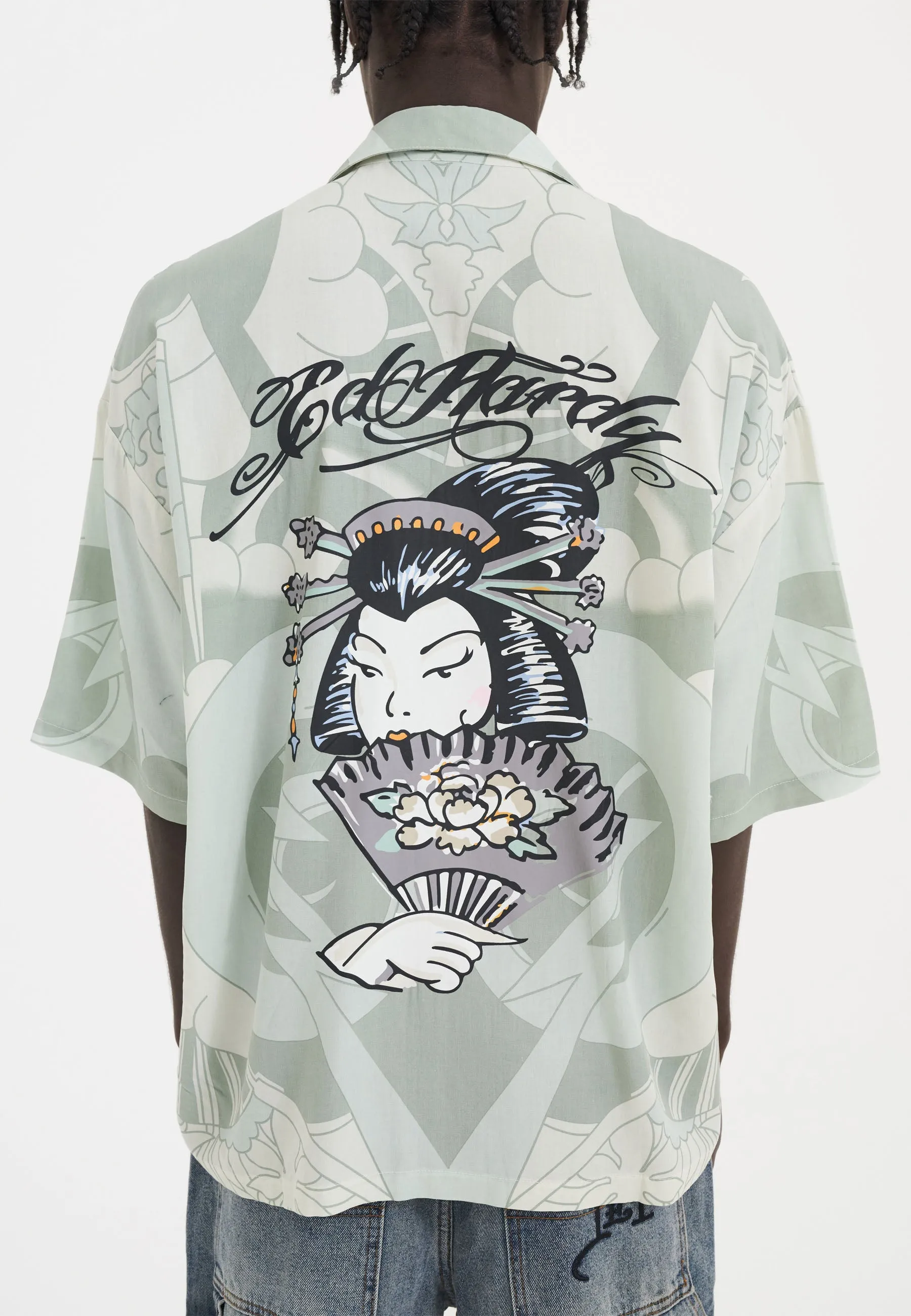 Mens Geisha Fan Camp Short Sleeve Shirt - Light Green/White