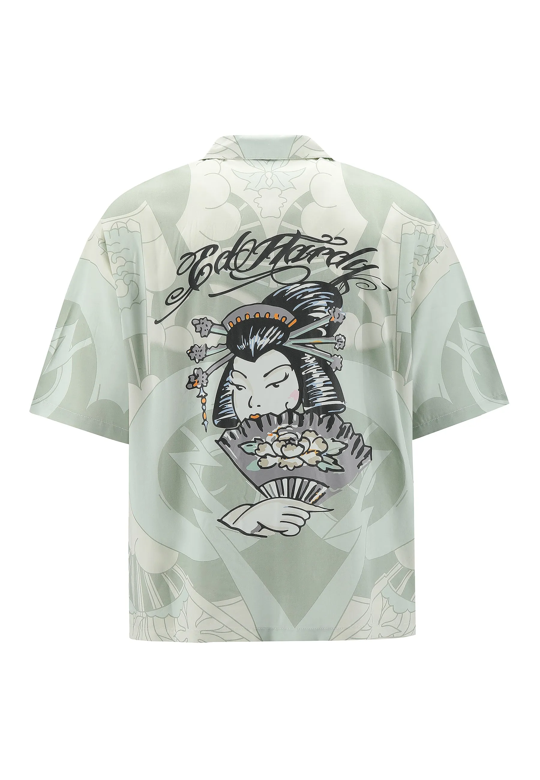 Mens Geisha Fan Camp Short Sleeve Shirt - Light Green/White