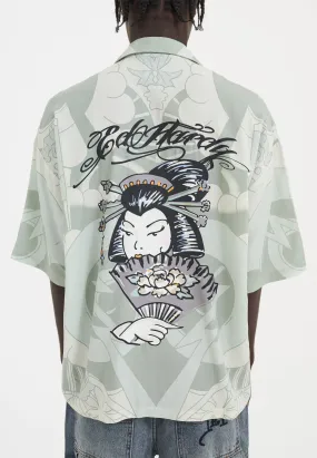 Mens Geisha Fan Camp Short Sleeve Shirt - Light Green/White