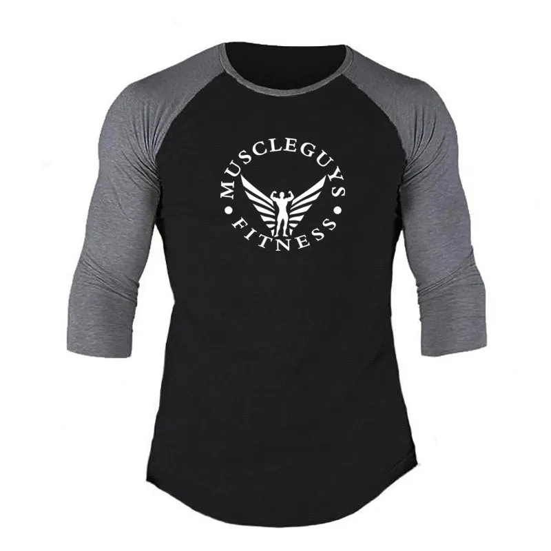 Muscleguys 3/4 Sleeve T-shirt Men Spring Autumn Casual Patchwork T Shirts Male Slim Fit Tops Fitness Raglan Tees Plus Size