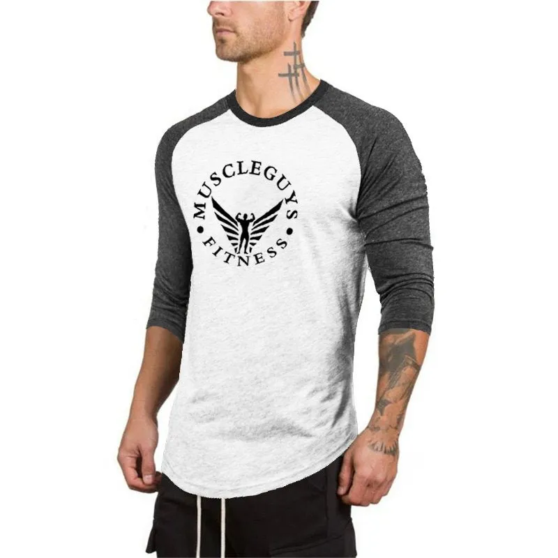 Muscleguys 3/4 Sleeve T-shirt Men Spring Autumn Casual Patchwork T Shirts Male Slim Fit Tops Fitness Raglan Tees Plus Size