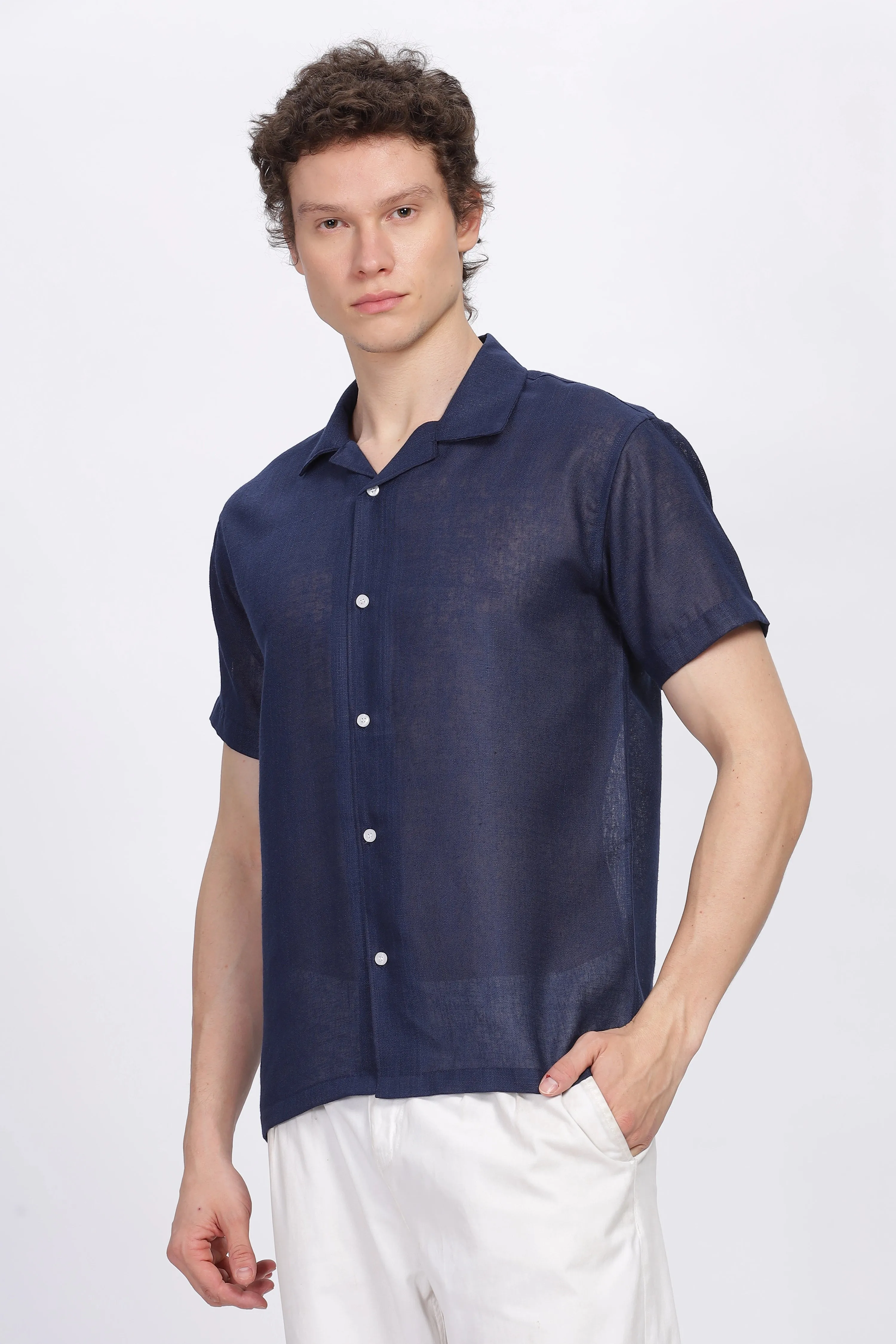 Navy half sleeve linen shirt for men