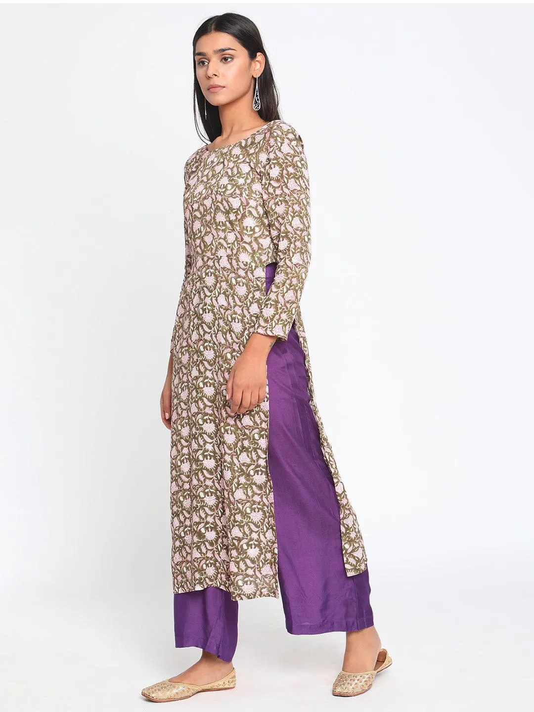 Olive Green Hand Block Printed Slit Silk Kurta Pant Set