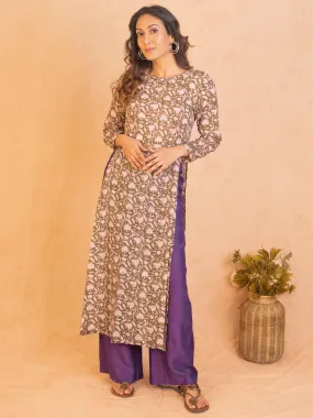 Olive Green Hand Block Printed Slit Silk Kurta Pant Set