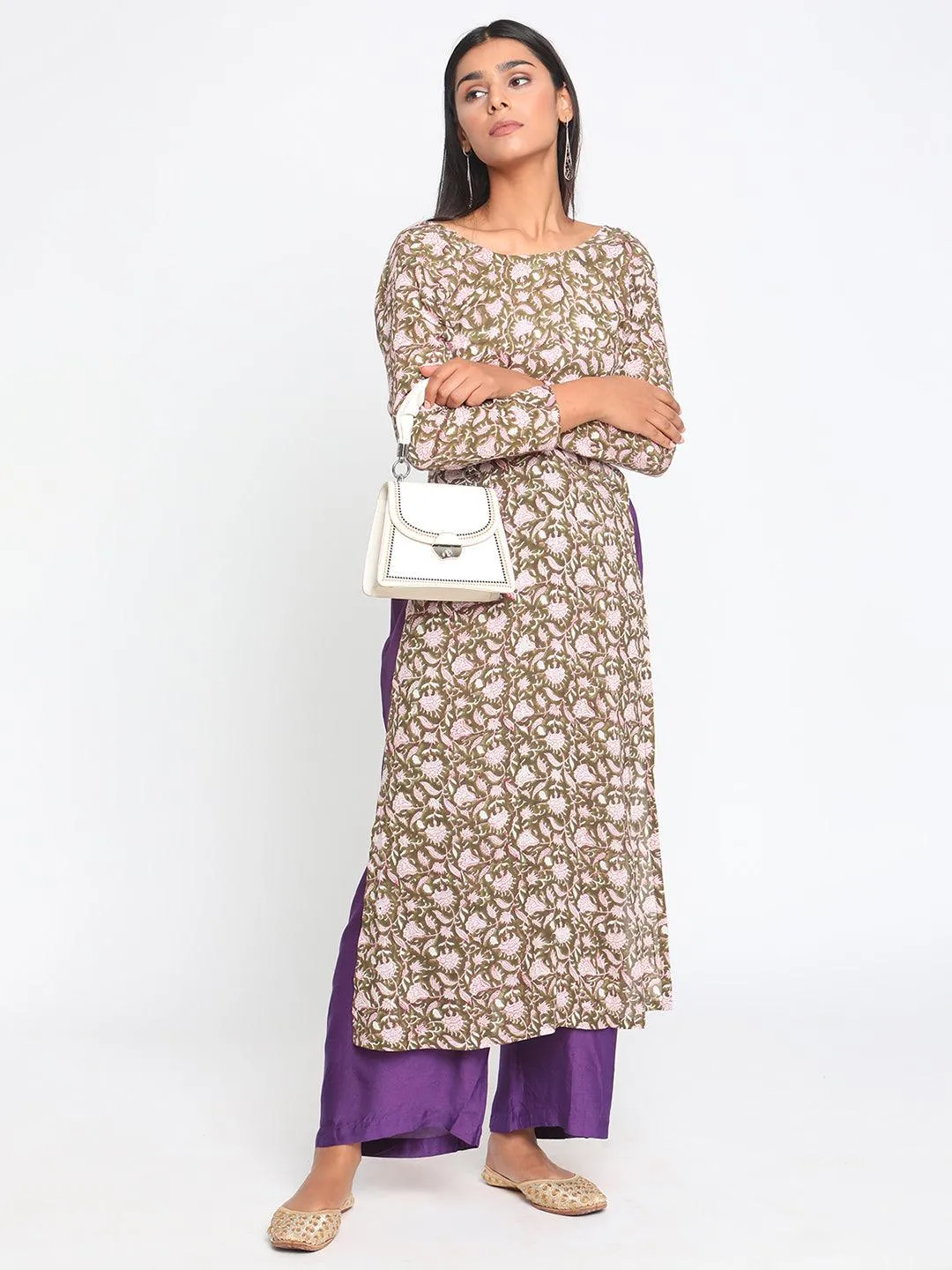 Olive Green Hand Block Printed Slit Silk Kurta Pant Set