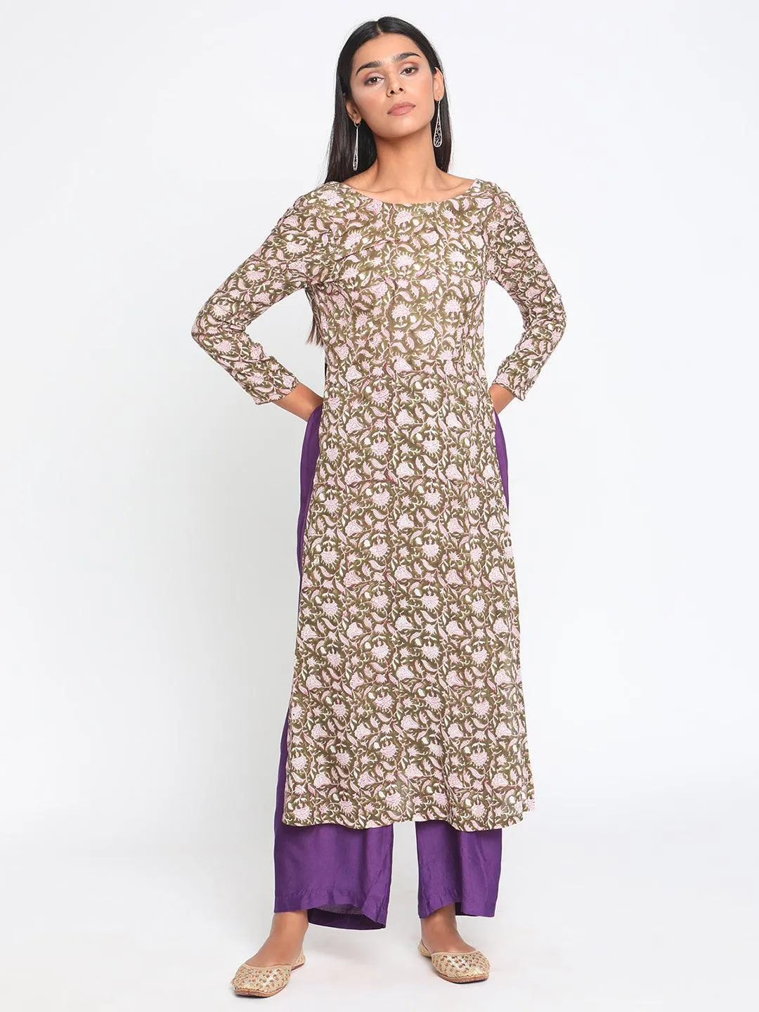 Olive Green Hand Block Printed Slit Silk Kurta Pant Set