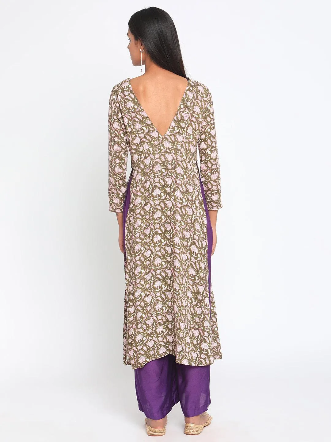 Olive Green Hand Block Printed Slit Silk Kurta Pant Set