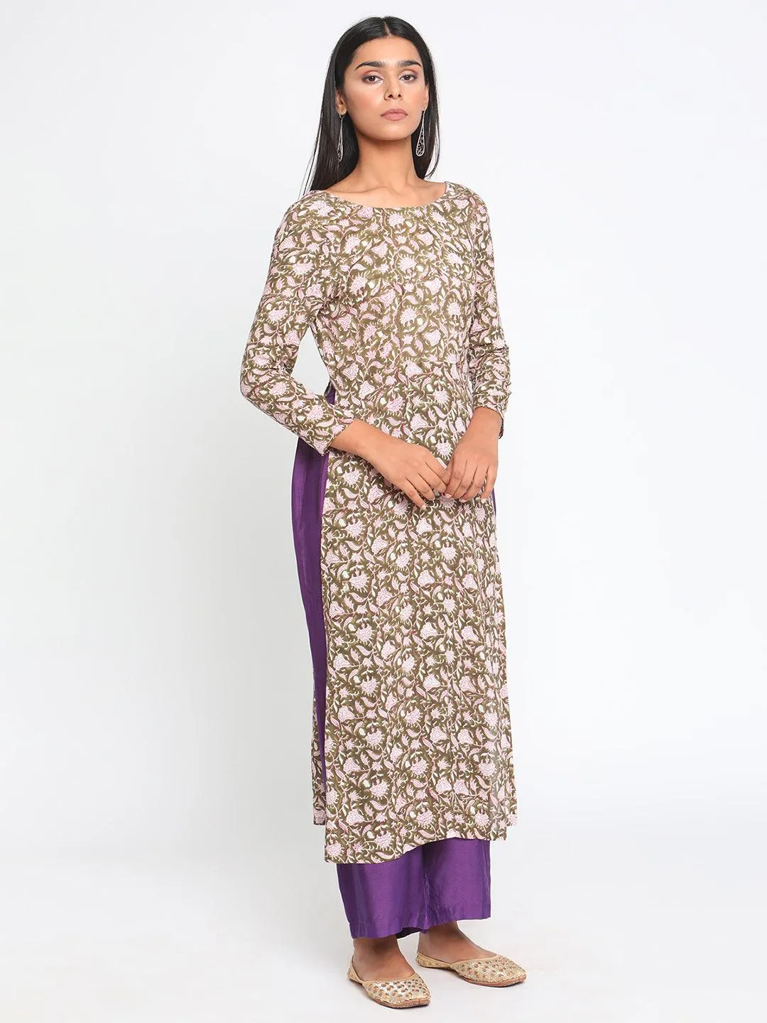 Olive Green Hand Block Printed Slit Silk Kurta Pant Set