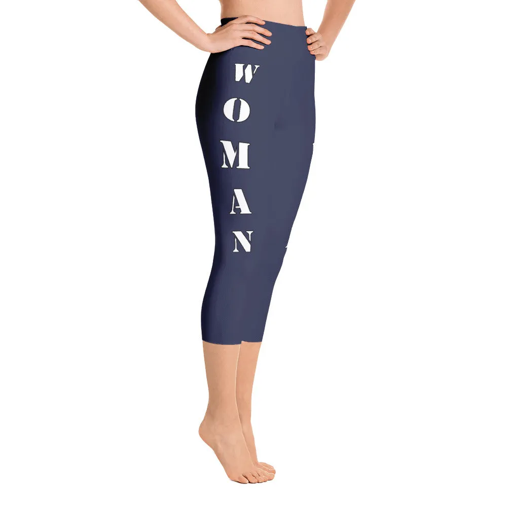 Our best viral yoga capri leggings with woman power - Midnight Blue Color with White Letters