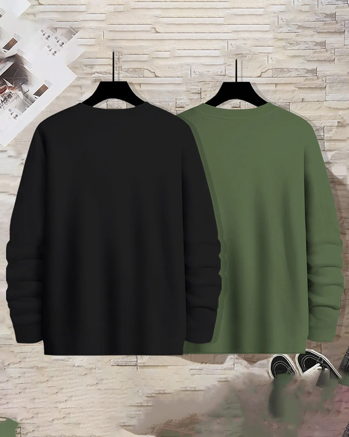 (Pack of 2) Men BOYS Printed Full Sleeve T-shirts Combo | Black | Olivegreen